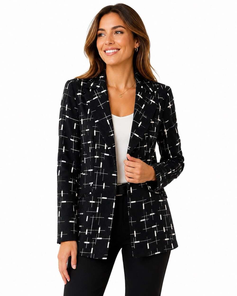 Makal Size 10 Black White Geometric Print Blazer Jacket Career Stretch